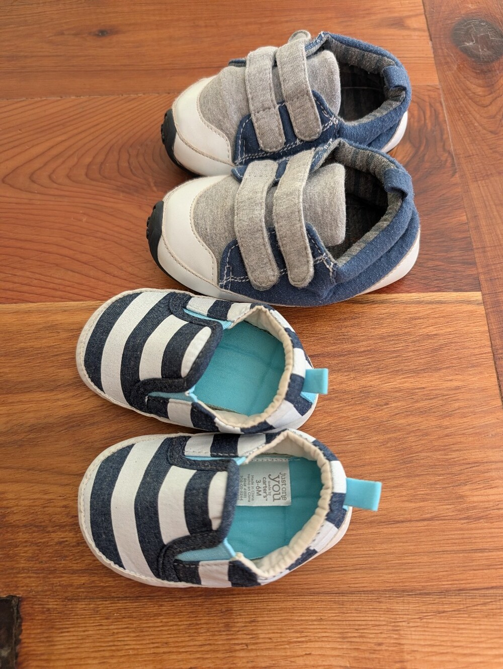 5/$10 Baby Boy Navy and White Striped Slip-On and Grey Navy Velcro Sneakers Set